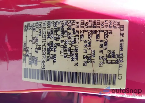 2000 Nissan Xterra Se/Xe z USA, uszkodzony, nr VIN 5N1ED28T1YC597329